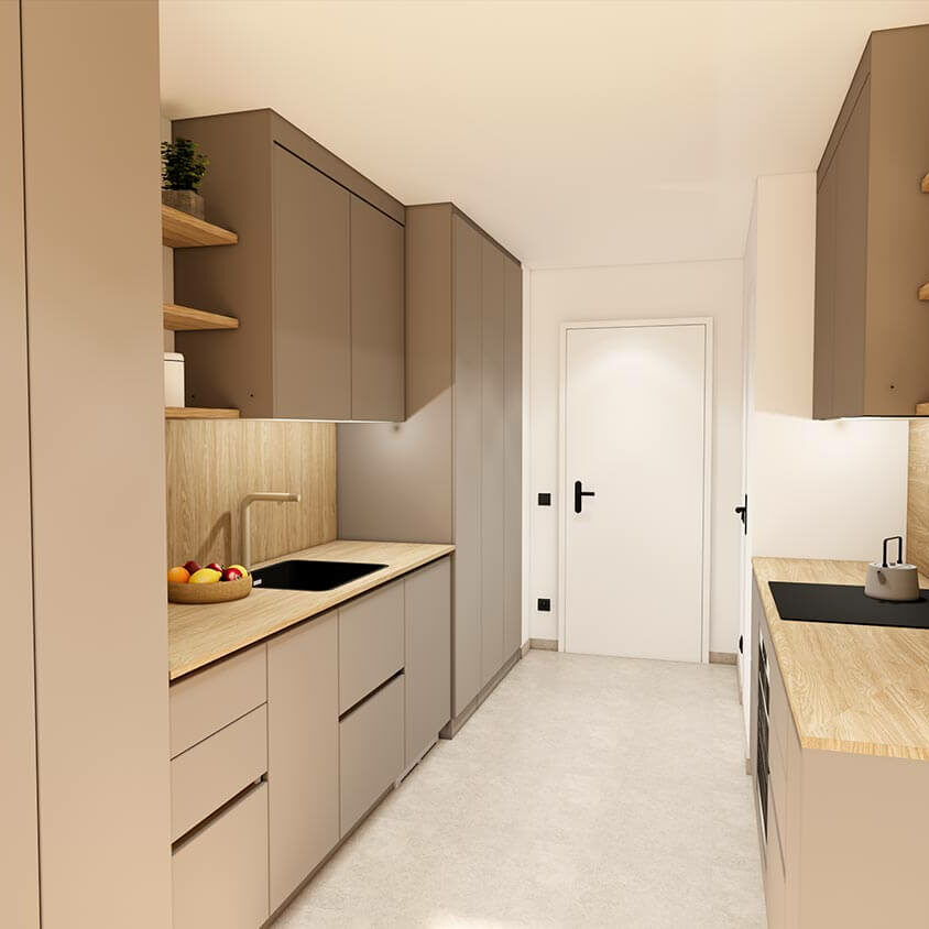 Vue 3D projet espace cuisine pour un aménagement intérieur d'un studio meublé destiné à la location