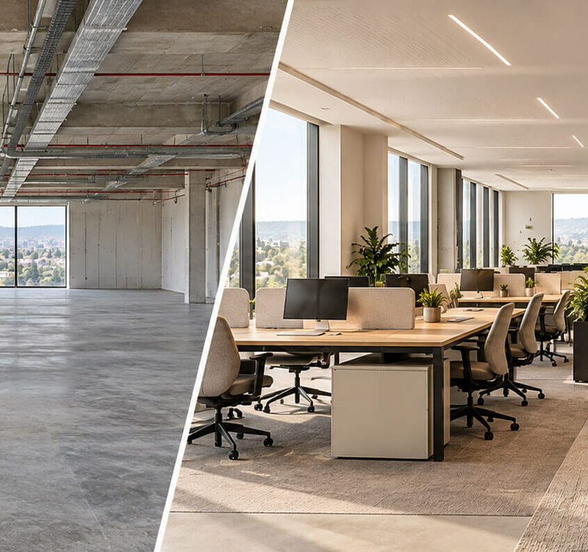 Agencement de plateau de bureaux neufs et professionnels avant-après