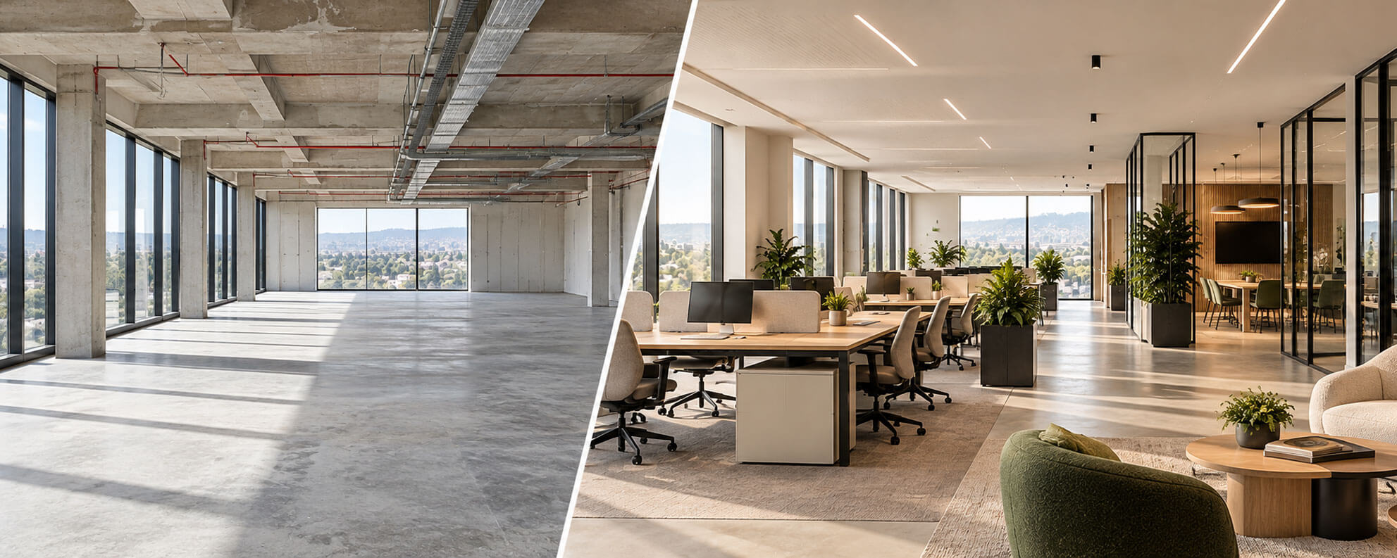 Agencement de plateau de bureaux neufs et professionnels avant-après