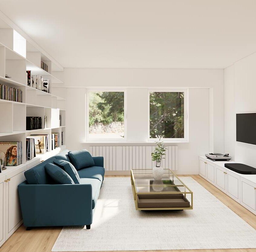 Plan 3D d'un aménagement de Bibliothèque sur mesure et meuble TV à Luxembourg Merl